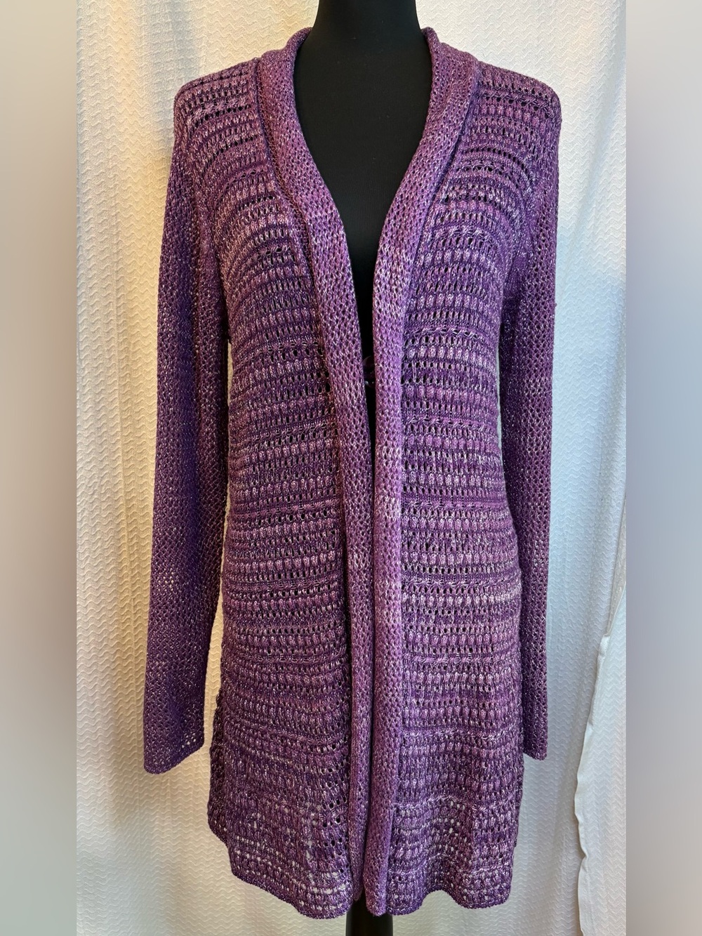 NWT Krazy Kat purple crochet duster cardigan with silver shimmer finish. 
Size M